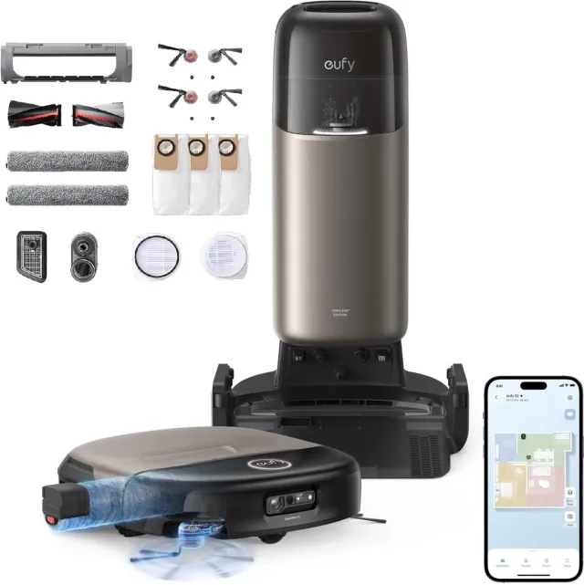 Eufy Dweilrobot HydroJet S2 met Vervangingssets, 30kPa AeroTurboTM 2.0-Zuigkracht, Vloerreinigingssysteem 2.0, EcoCleanth Elektrolyse, Randreiniging, Haarvrije DuoSpiralt" Borstels, 12-in-1 UniCleanTM Station Zwart