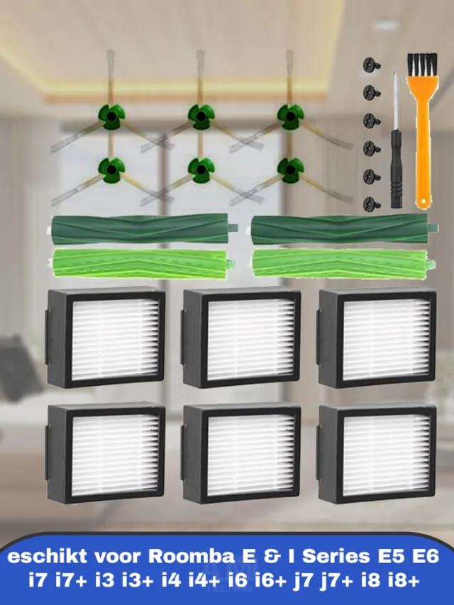 AMtechno Borstelvervangingsonderdelen geschikt voor Roomba E & I Series E5 E6 i7 i7+ i3 i3+ i4 i4+ i6 i6+ i8 i8+, 2 Sets Rubberen Borstels, 6 Filters, 6 Zijborstels, Vervanging Robot Stofzuiger Accessoires voor Roomba Wit