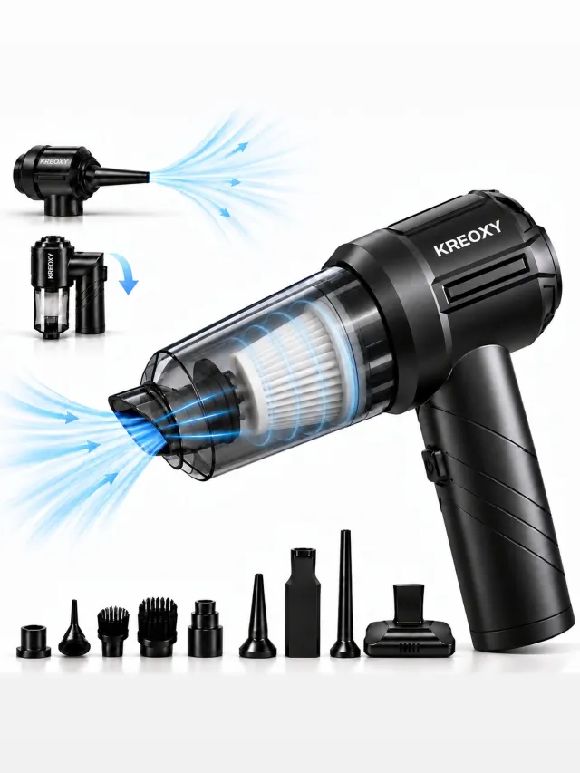 Kreoxy Kruimeldief Snoerloos – Handstofzuiger – Auto Stofzuiger – Sterke Zuigkracht – Air Duster – 9 Opzetstukken Zwart