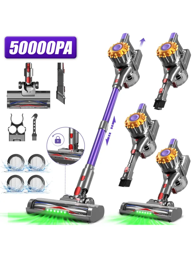 Fukstern Steelstofzuiger Draadloos – 50 kPa Sterke Zuigkracht – Tot 60 Min Accuduur – Anti-haarwikkel Vloerborstel – Inclusief 4 HEPA-filters – 1,6L Stofreservoir – Groene LED Stofdetectieverlichting – Paars
