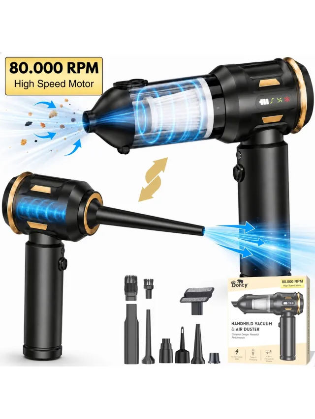 Boncy 2-in-1 Auto Stofzuiger - 80.000 RPM - Compressed Air Duster Draadloos - Zuigen & Blazen - Mini Kruimeldief Snoerloos - 8 Opzetstukken - Kleine Kruimelzuiger - Perslucht Stofreiniger Luchtblazer - Autostofzuiger Oplaadbaar - Car Vacuum Cleaner Zwart/Goud