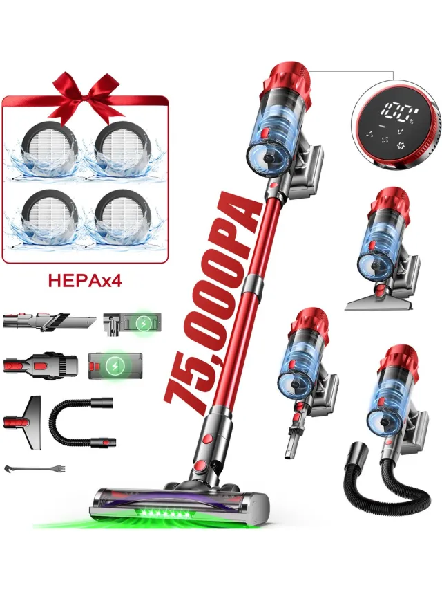 Hiaonyx steelstofzuiger - 9-in-1 steelstofzuiger draadloos - 75000pa - Met dierenborstel - LED Groene Stofdetectielamp - Dierenharen - Geschikt voor Tapijten - Harde Vloeren en Dierenharen - 2-liter stofopvangbox - Rood
