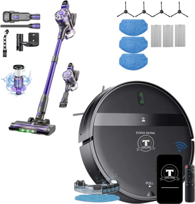 TONIHOMI G20 + V07 - Combi deal Robotstofzuiger met dweilfunctie en steelstofzuiger - Automatisch opladen - Robotstofzuiger met app - Robotstofzuiger huisdieren - Dweilrobot - Zwart