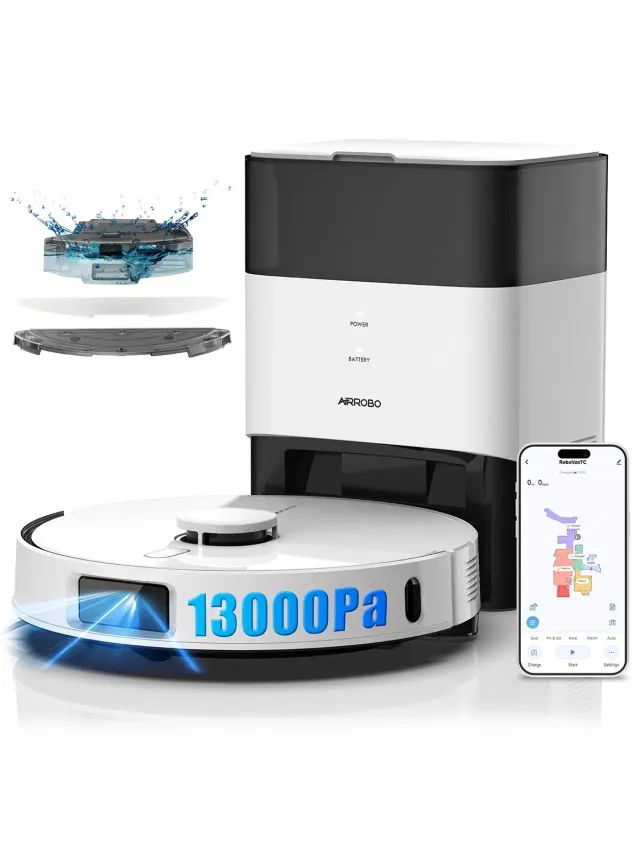 AIRROBO L60+ Robotstofzuiger met dweilfunctie en leegstation – 13000 Pa – 240 min looptijd – Geschikt voor huisdieren – Slimme tapijtherkenning – App-bediening Zwart-wit