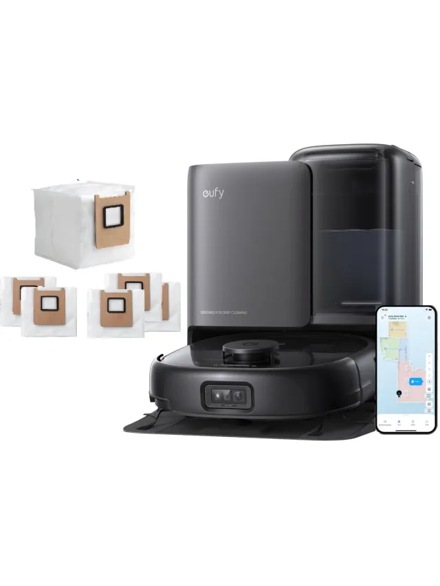 Eufy Robotstofzuiger Omni E25 met 6 stofzakken, HydroJet dweilsysteem, 20.000 Pa zuigkracht, DuoSpiral borstels die ontklitten, CornerRover arm voor het schoonmaken van hoeken, alles-in-één station Zwart