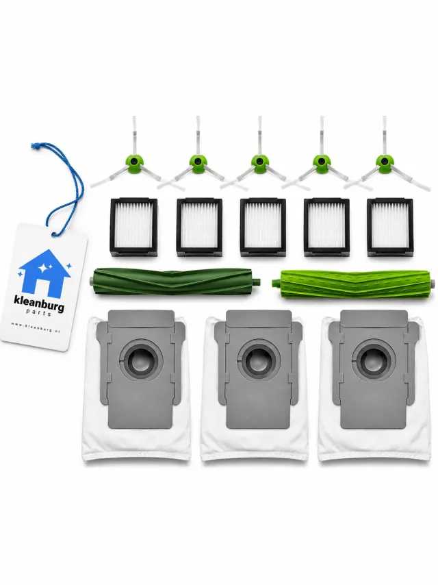 Kleanburg Stofzuigerzakken + Accessoires geschikt voor iRobot Roomba E, i & J7 serie – 15-delige vervangingsset groen