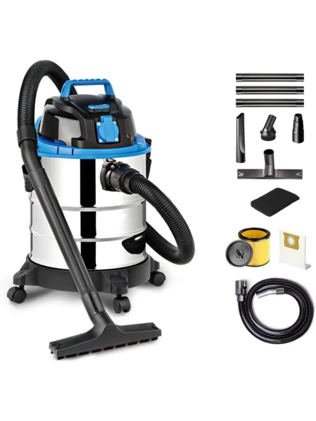 Klarven Nat- en Droogstofzuiger Zilver - 1200W Krachtig - Blaasfunctie en Zakloos, Ingebouwd Stopcontact - 20 Liter Tank - B 35 x H 51 x D 35 cm
