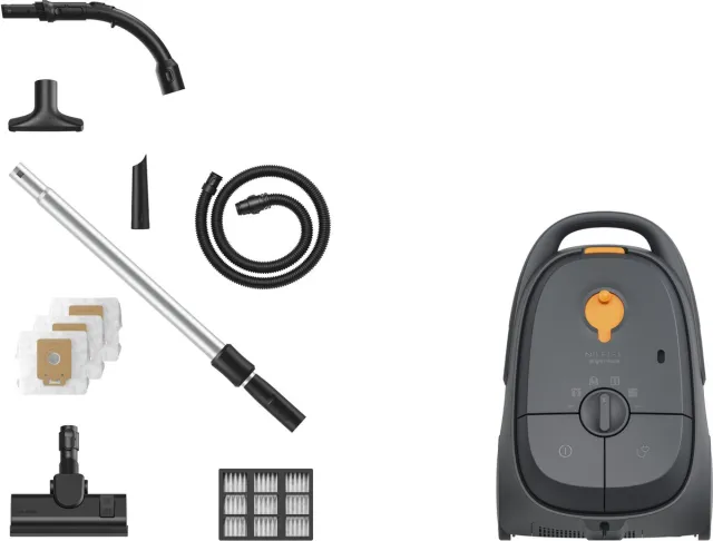 Nilfisk Bright Home Plus Stofzuiger met Zak – 4L Capaciteit, LED Combi Mondstuk (CN38), 2m Slang, Geschikt voor Harde Vloeren & Tapijt, 10 Jaar Motorgarantie Grijs