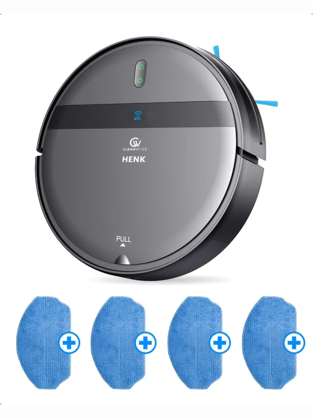 CleanWise Henk Robotstofzuiger + 4 dweildoeken – Nederlands Product – Voor Huisdieren – Met Dweilfunctie & Laadstation – Dweilrobot – 4500 Pa – HEPA 14 – Ultra dun 7,4 cm – App & Spraakbediening – Voor Huisdierharen, Harde Vloeren & Tapijt Grijs