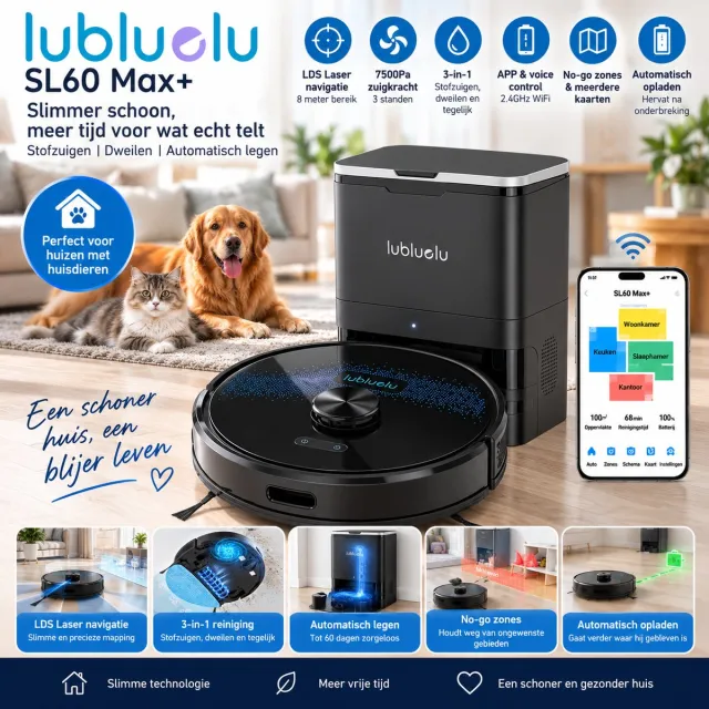 Lubluelu SL60 Max+ Robotstofzuiger met Dweilfunctie – 7500Pa – LDS Lasernavigatie – Automatisch Legen – App & Spraakbediening Zwart