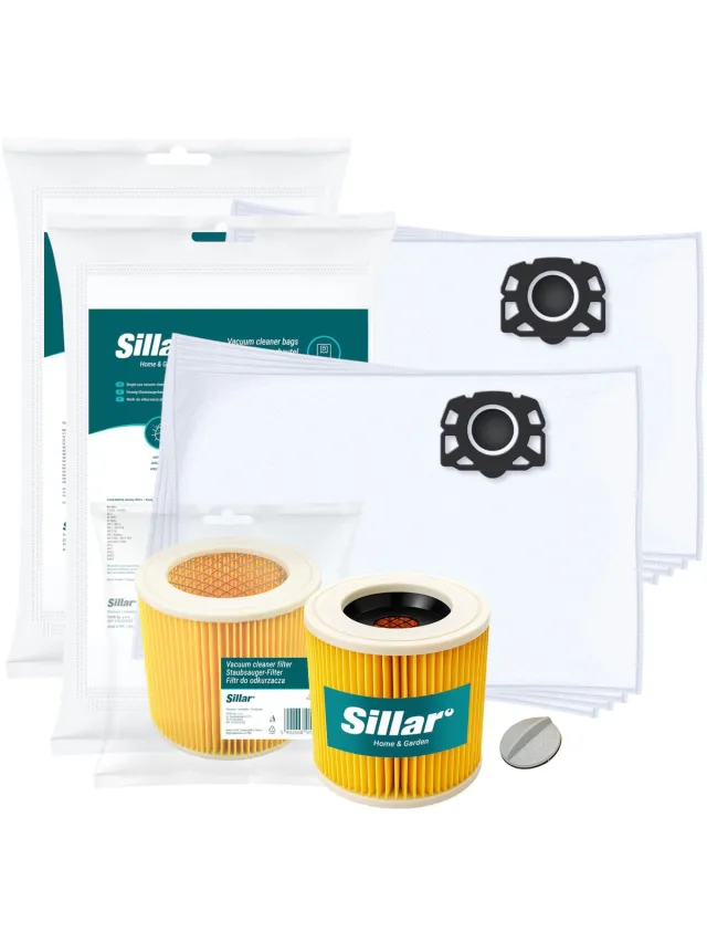 Sillar Stofzuigerzakken synthetisch, 8 stuks + 1x stofzuigerfilter versterkt met gaas - met bevestigingsplug - set voor stofzuigers - compatibel met Karcher WD1 WD2 WD3 WD3.200 KWD1 KWD2 KWD3 SE4 SE4001 SE4002 - vervangers Wit, oranje, veelkleurig
