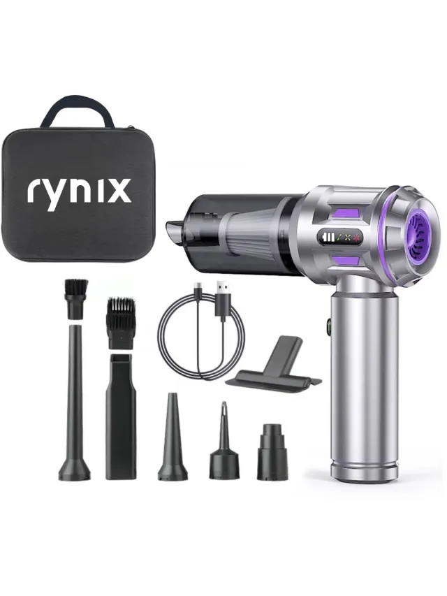 Rynix Kruimeldief Snoerloos - Handstofzuiger - 20.000 Pa zuigkracht - Auto Stofzuiger met 9 Opzetstukken - Kruimelzuiger - 100W - Airduster - Zuigen & Blazen grijs en paars