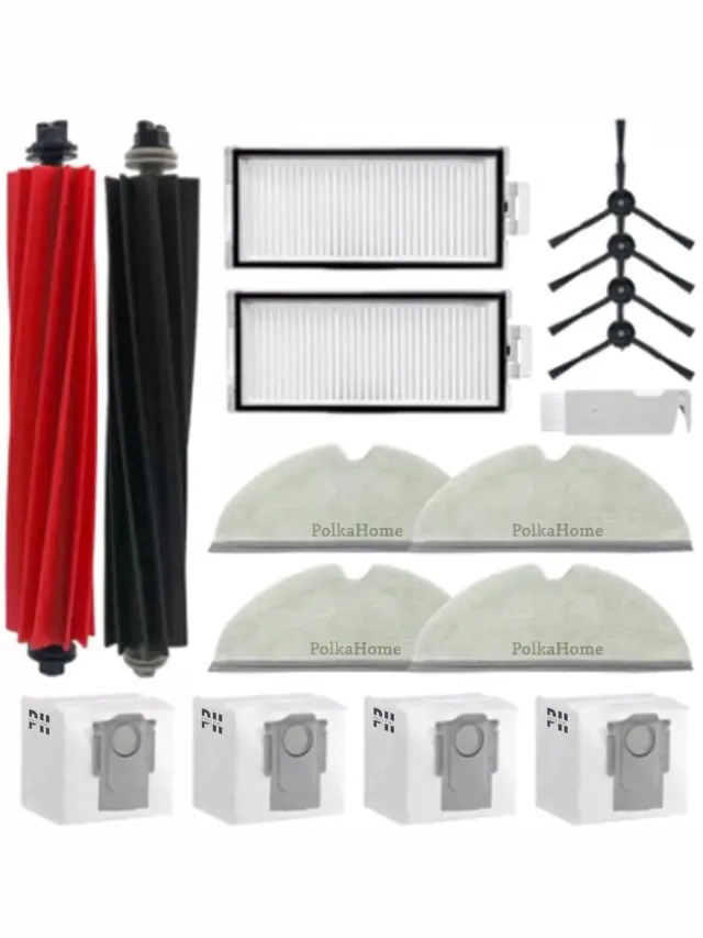 PolkaHome 17 stuks Accessoireset geschikt voor Roborock robotstofzuigers, 2 hoofdborstels, 4 hepa filters, 6 poetsdoeken, 6 zijborstels, 1 reinigingsborstel, accessoires reserveonderdelen. voor Roborock Q5 Pro+/Q5 Pro/Q8 Max+/Q8 Max wit