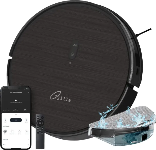 Tjilla C100 Robotstofzuiger met dweilfunctie - Nederlands product - Anti-klit borstel - Met laadstation - V-Slam navigatie - Proefperiode 30 dagen - Huisdieren - Dweilrobot - Bediening met App - Met afstandsbediening - 10.000pa Zwart
