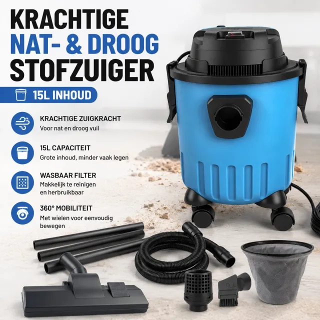 Psogpone Emmerstofzuiger / Nat-Droog Stofzuiger / Bouwstofzuiger – 15L plastic emmer, 5m snoer – Voor zwembad, terras, tuin, caravan, garage & bouw – Incl. 3 verlengbuizen, slang, vloermondstuk, 2-in-1 zuigmond, zwenkwielen & HEPA-filter Blauw