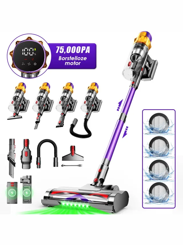 Hiaonyx steelstofzuiger - 9-in-1 steelstofzuiger draadloos - 75000pa - Met dierenborstel - LED Groene Stofdetectielamp - Geschikt voor Tapijten - Harde Vloeren en Dierenharen - 2-liter stofopvangbox - Paars