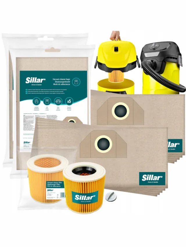 Sillar 10x Stofzuigerzakken papieren + 1x stofzuigerfilter versterkt met gaas - met bevestigingsplug - set voor stofzuigers - compatibel met Karcher serie A K MV NT WD SE - vervangers Beige