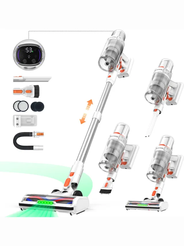 Ateroll Steelstofzuiger Draadloos – 85kPa Zuigkracht – Groene Laser – HEPA 12 Filter – Tot 85 Min Accuduur – Voor Huisdierharen - Zonder zak op accu - Wit