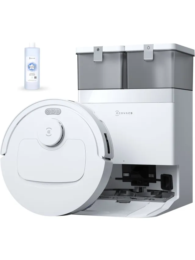 Ecovacs Deebot T30e Omni Robotstofzuiger Met Dweilfunctie - 25.000 Pa - ZeroTangle 3.0 anti-klit - Triple-V-hoofdborstel - Omni-station - Wit - 1000ml Schoonmaakmiddel