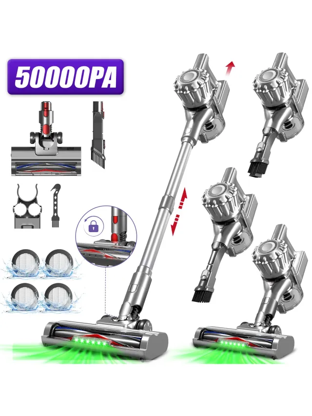 Adormii Steelstofzuiger Draadloos – 50000Pa Sterke Zuigkracht – 60 Min Accuduur – Anti-haarwikkel Vloerborstel – 4 HEPA-filters – 1,6 L Stofreservoir – Groene LED Stofdetectieverlichting – Goud