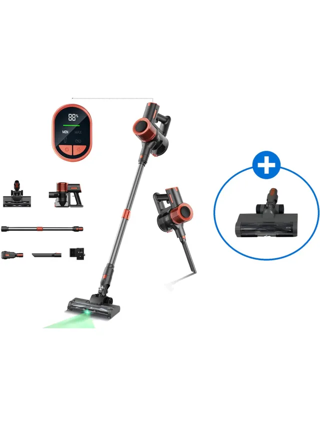 JIGOO C200 Draadloze Steelstofzuiger 350W 23KPa met V-vormige Anti-klit Siliconen Borstelrol, 40 Min Gebruiksduur, LED-display, Harde Vloeren & Tapijt C200 + V-vormige vloerborstel met borstelstrips