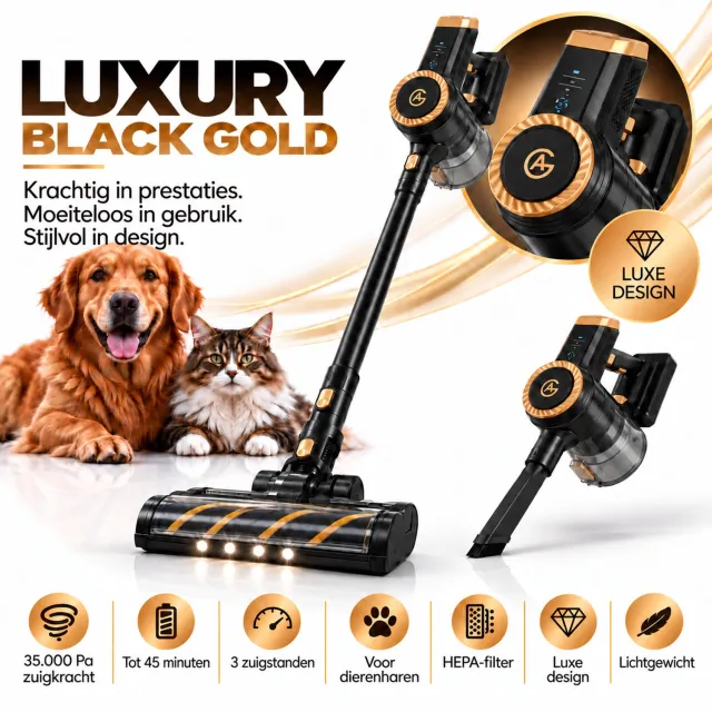 AG Steelstofzuiger Draadloos – Stofzuiger Zonder Zak - 35.000 Pa – Krachtige Draadloze Stofzuiger – Kruimeldief – Dierenharen – LED Zuigmond – Lichtgewicht – Luxury Black Gold