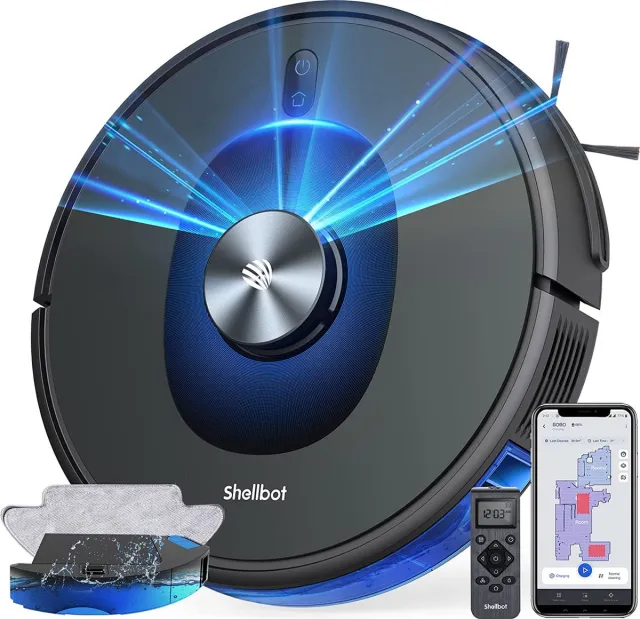 Bagotte Shellbot SL60 Robotstofzuiger met Dweilfunctie, 2-in-1 Self-charging Shellbot SL60 Robot Vacuum Cleaner, Laser Lidar Navigatie met Camera, 4000Pa Sterke Zuigkracht, 200 Mins+ Runtime, App No-go Zone, Compatibel met App,Alexa, Google Assistant Donkerblauw