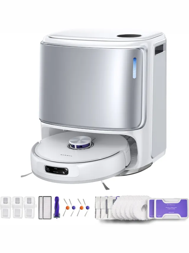 Narwal Freo Z10 Ultra + 1 x cycloonborstel zonder klitten, 6 x dweilpads, 4 x zijborstel, 2 x vloerreinigingsmiddel, 3 x stofzak voor basisstation, 2 x filter voor stofbak, 3 x vervangbare inzetbak, 4 x plintdoek Wit