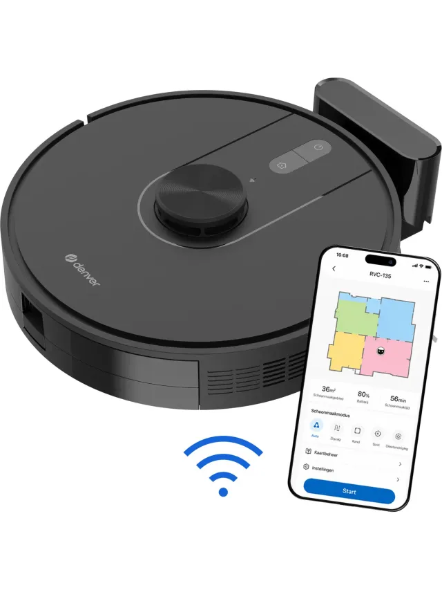 Denver Robotstofzuiger met Laadstation - Smartphone TUYA App - Amazon Alexa compatible - LiDAR mapping - Zijborstel - Borstelloze motor - Geschikt voor Huisdierharen - RVC135 - Zwart