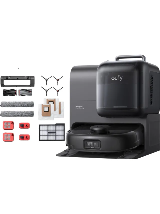 Eufy Omni E28 - Robotstofzuiger met Vervangingssets - Draagbare dieptereiniger - HydroJet systeem - 20.000 Pa zuigkracht - DuoSpiral ontklittende borstels - CornerRover arm - alles-in-één station Zwart