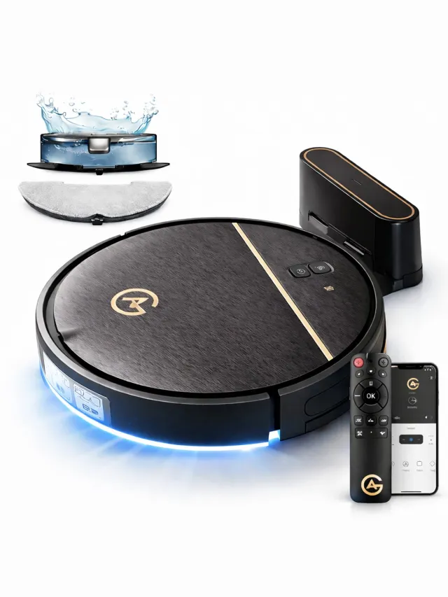 AG Robotstofzuiger met Dweilfunctie – 4500 Pa Zuigkracht – 120 minuten – Oplaadstation – App & Afstandsbediening – Ideaal voor Huisdierhaar, Harde Vloeren en Tapijt – Luxe 2-in-1 Dweilrobot – Gold Stripe Design – 2500 mAh - Black Gold Edition
