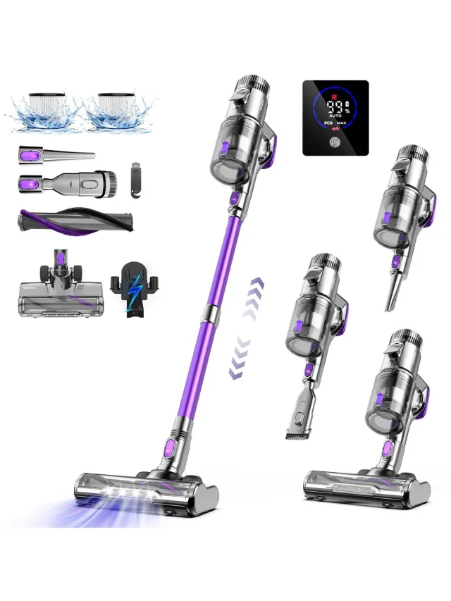 Zerova Steelstofzuiger - Stofzuiger draadloos - Kruimelzuiger - 40 kPh zuigkracht - 80 min accuduur met LED-display - Paars