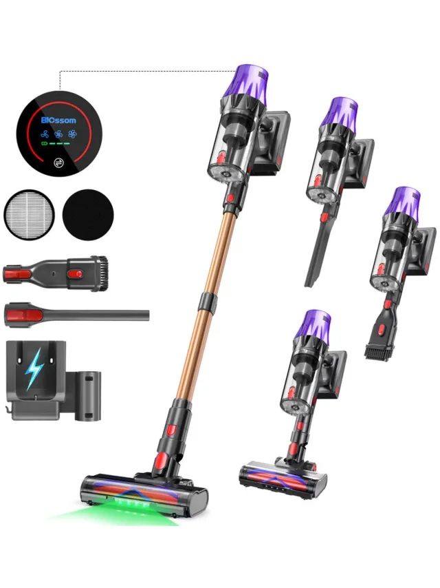 Blossom Steelstofzuiger Draadloos - 600W - Kruimeldief - 55kPa Zuigkracht - Tot 65 Min Accuduur - Groene Laser - HEPA Filter - zonder zak - Paars/Goud
