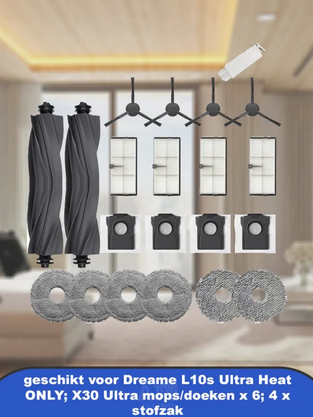 AMtechno Accessoires geschikt voor Dreame L10s Ultra Heat ONLY; X30 Ultra mops/doeken x 6; 4 x stofzak, 4 HEPA-filters; 2 x hoofdborstels; 4 x zijborstels Grijs
