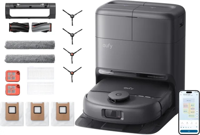 Eufy Robotstofzuiger C28, HydroJet Zelfreinigende Dweil en Vervangingssets, 15.000 Pa Turbo Zuigkracht, 5-In-1 Robotstofzuiger & Dweil Voor Thuis, Anti-Klit Ontwerp, AI-Obstakelherkenning Zwart