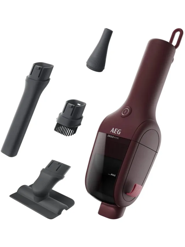 Aeg AH1EM10DR ErgoMini Kruimeldief - Draadloze kruimelzuiger met blaasfunctie - Handstofzuiger voor auto & thuis - 4 opzetstukken - Krachtige zuigkracht - Led-verlichting - Tot 20 min. accuduur Donkerrrood