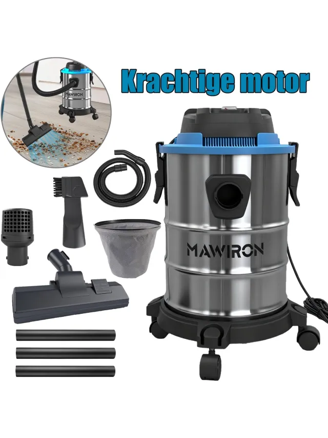 MAWIRON Stofzuiger Nat/Droog, Roestvrijstalen Tank, met 5m Kabel, 20 Liter Inhoud, 5400W Motor Roestvrijstaal