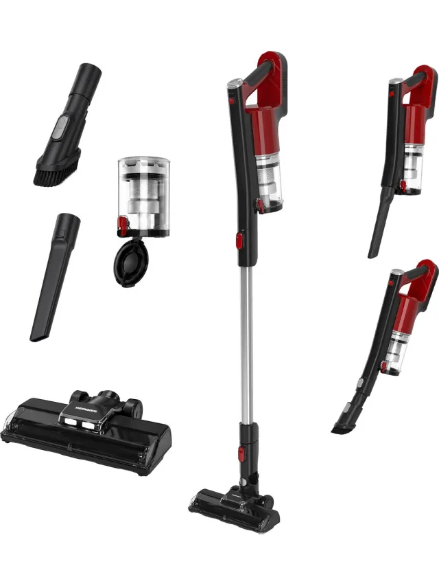 Heinner Draadloze Steelstofzuiger – 150 W – Zuigkracht 9 kPa – 21,6 V – 2 Zuigstanden – Tot 30 min Gebruiksduur – Stofreservoir 0,5 L – Gemotoriseerde Vloerborstel – Rood Zwart