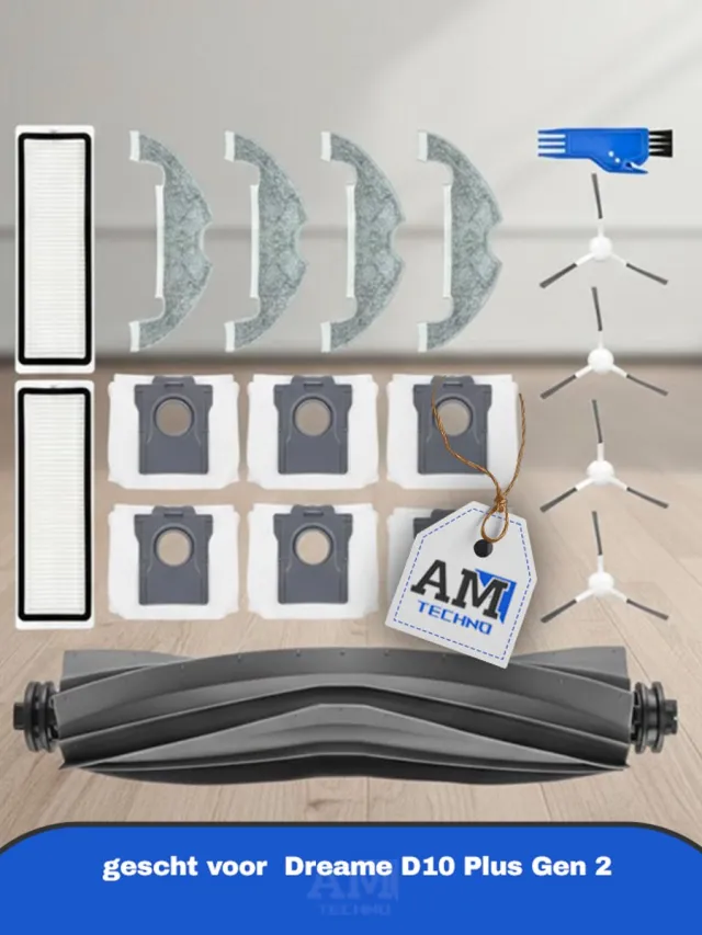 AMtechno Accessoire Vervanging gescht voor Dreame D10 Plus Gen 2 Robotstofzuiger, 1 Hoofdborstel, 2 HEPA-Filters, 4 Zijborstels, 4 Reinigingsdoeken, 6 Stofzakken, 1 Reinigingsborstel