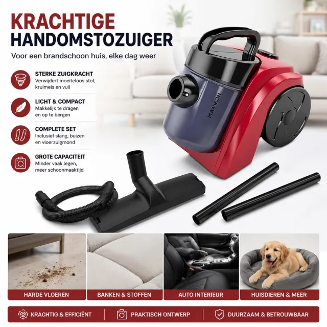 Psogpone Handstofzuiger / DraadloosNetstroom Handzuiger / Stofzuiger op snoer – 230V – Met vloermondstuk, 2 kunststof buizen, slang, filter & stofbak – Perfect voor auto, trap, werkbank, hoekjes & kleine ruimtes Blue