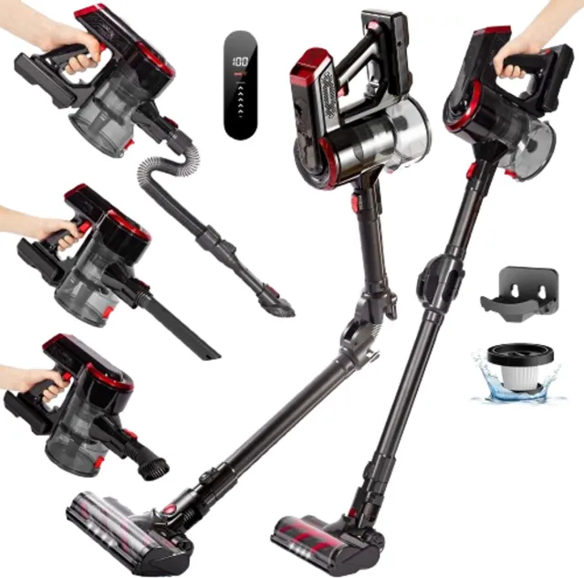 AG AG4000 Steelstofzuiger Draadloos - 5 in 1 - Obsidian Red - Stofzuiger Zonder Zak - Geschikt Voor Dierenharen- Kruimeldief- Draadloze Stofzuigers - Steelstofzuigers - Kruimelzuiger - 250Watt - 5 Accessoires - Krachtig - Compact & Licht - Auto Geschikt 1 Batterij