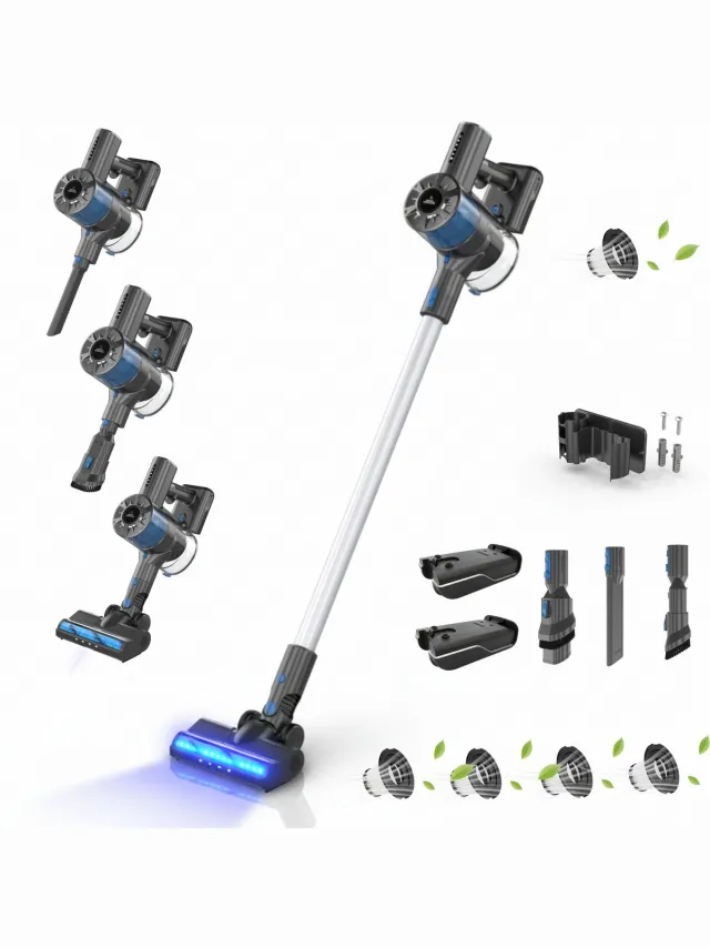 Innova Essentials PowerVac Pro+ - Steelstofzuiger Draadloos - 500 Air Watts - extra accu - 4 extra HEPA Filters- met 4 verschillende opzetstukken - Draadloze Stofzuiger - Zonder zak op accu - Vacuum Cleaner Blauw/Zilver