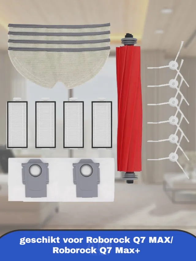 AMtechno Accessoires reserveonderdelenset geschikt voor Roborock Q7 MAX/Roborock Q7 Max+ stofzuigerrobot, 1 rolborstel, 4 filters, 4 reinigingsdoeken, 6 zijborstels, 2 stofzakken, 1 reinigingsborstel Red