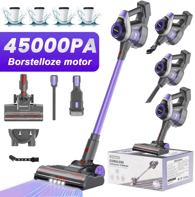 Grenintol Steelstofzuiger Draadloos - Steelstofzuiger - 45000Pa/350W Snoerloze Stofzuiger - Touchscreen en Anti - Klit Borstel - Batterijduur tot 55 Minuten- 2200mAh-1,6L Stofbak - Geschikt voor Tapijt, Harde Vloeren en Dierenhaar N219