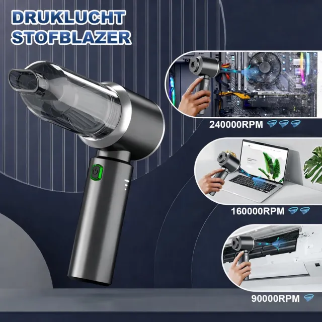 Thuys Draadloze 2-in-1 Handstofzuiger & Stofblazer – 28.000 Pa – Accu – 3 Standen – Persluchtfunctie voor Auto, PC & Huis Grijs