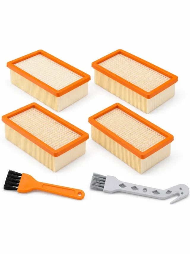 JustValue Vlakfilterset 4 Stuks - Geschikt voor Kärcher WD4/WD5/WD6 en MV4/MV5/MV6 - Met 2 Reinigingsborstels Oranje