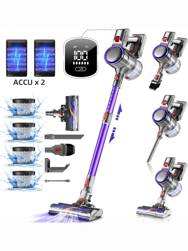 Hiazurm Steelstofzuiger Draadloos - 70 min Gebruikstijd - 50000 Pa - Buigbare Steel - 2 accu's - 2-in-1 Kruimeldief - OLED-display - 1,6L - Goud Goud-2