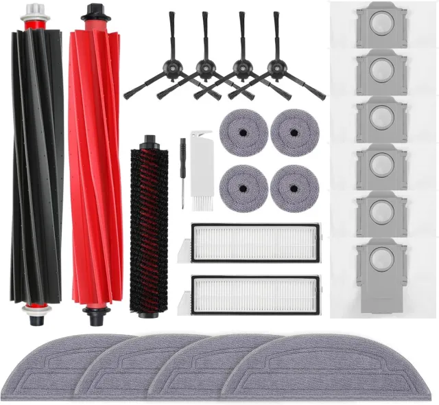 Geschikt voor Roborock (Merkloos) Accessoires gescht voor Roborock S8 MaxV Ultra Stofzuiger, 2 Hoofdborstels, 4 HEPA-filters, 4 Dweilen, 4 Zijdoppen, 4 Stofzakken, 4 Zijborstels, 1 Zelfreinigende Borstel, 1 Borstelset Rood