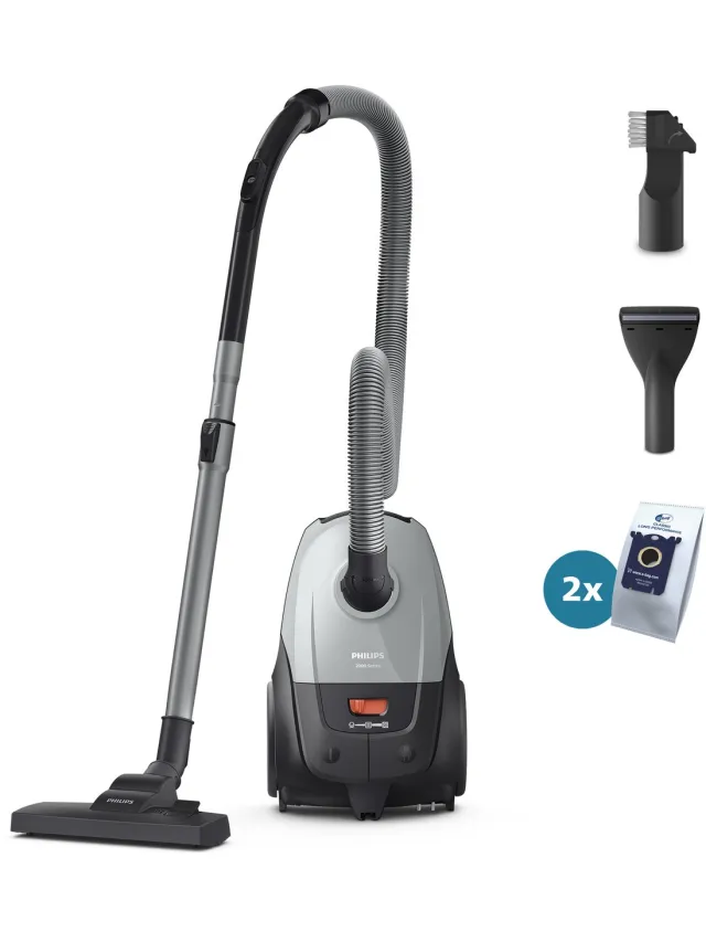 Philips 2000-Serie Stofzuiger met Zak - 800 W - Compact & Lichtgewicht - HEPA-filtersysteem - 9 meter bereik - Meubelmondstuk - Inclusief S-Bags - (XD2142/12) Lichtgrijs