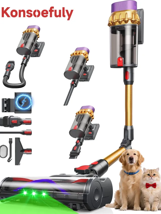 Konsoefuly Draadloze Steelstofzuiger - 68kPa 600W - Automatische stofsensor - 70 min accuduur - buigbare buis - flexibele slang Goud